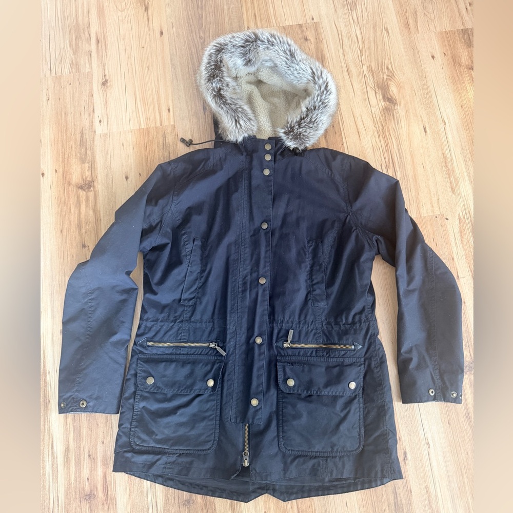 Barbour Navy Utility Jacket with Faux Fur Hood